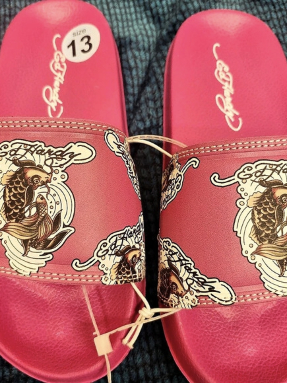 Ed Hardy Pink Koi Fish Tattoo Graphic Slide Sandals Girls US 13